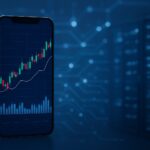Smartphone displaying a trading graph with a blue digital background