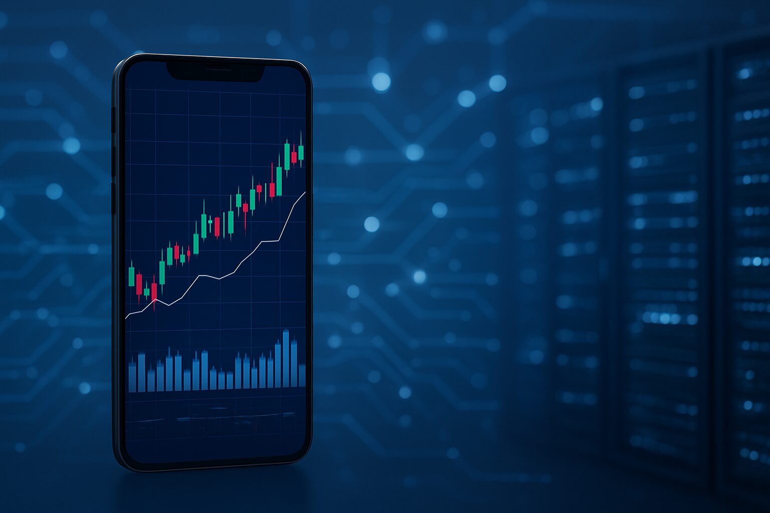 Smartphone displaying a trading graph with a blue digital background