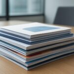 A stack of neatly arranged printed materials on a wooden table, showcasing variations in color and design.