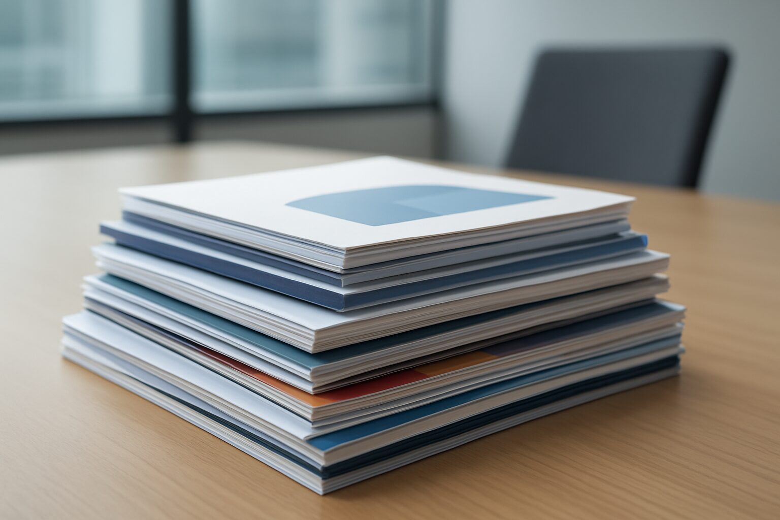 A stack of neatly arranged printed materials on a wooden table, showcasing variations in color and design.