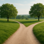 A serene landscape showing two trees flanking a split path in a grassy field