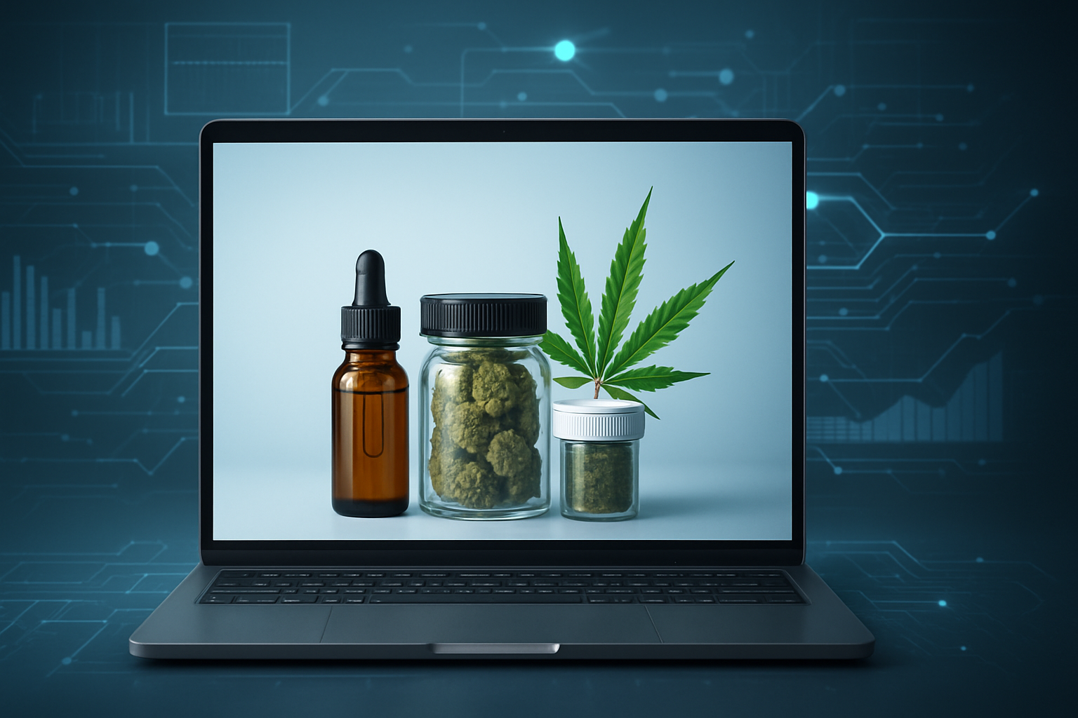 Various cannabis products displayed on a laptop screen